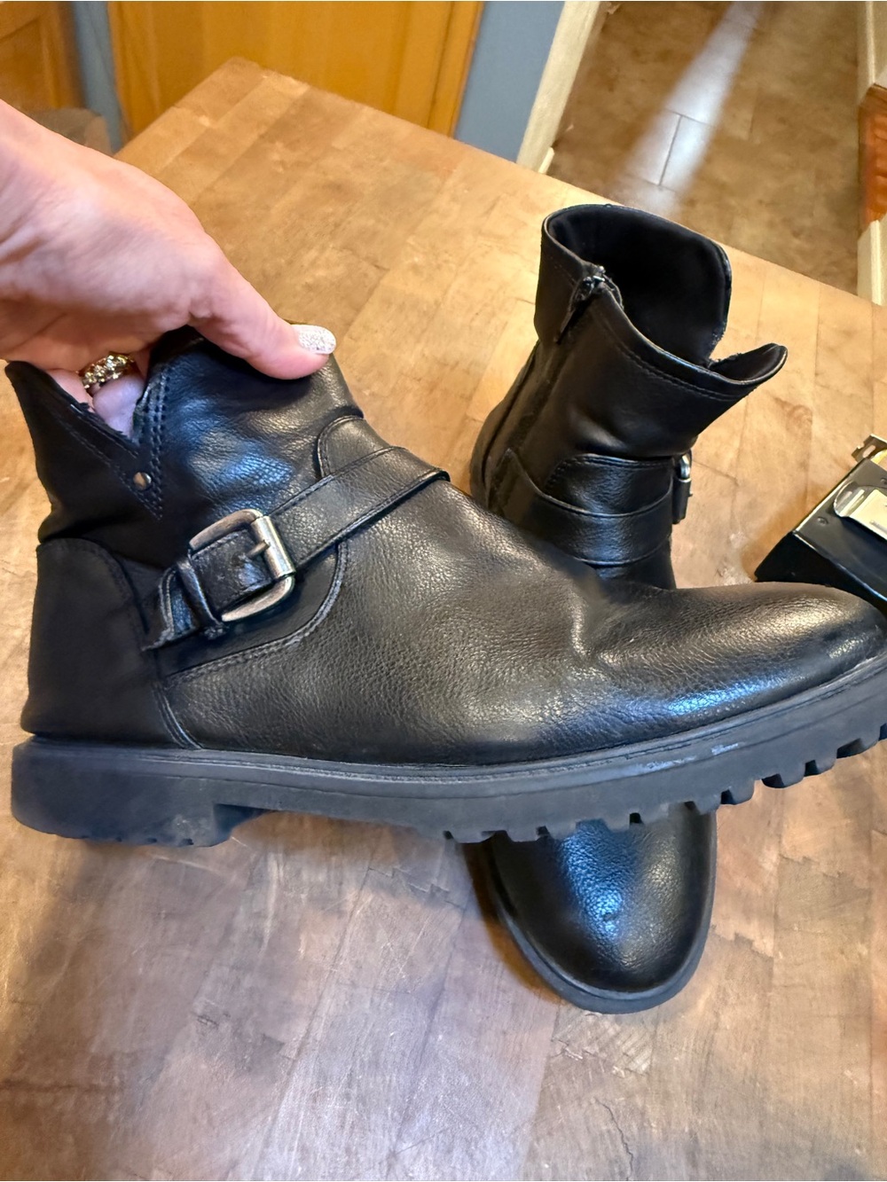 Black Faux Leather Closed Toe Moto Buckle Ankle Boots Women’s size 9.5